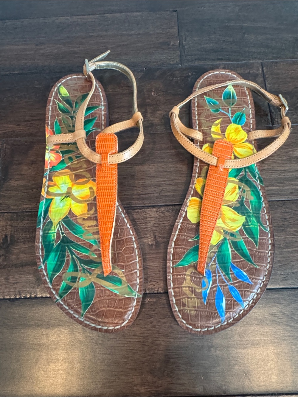 Sam Edelman Tan and Orange Floral T-Strap Sandals